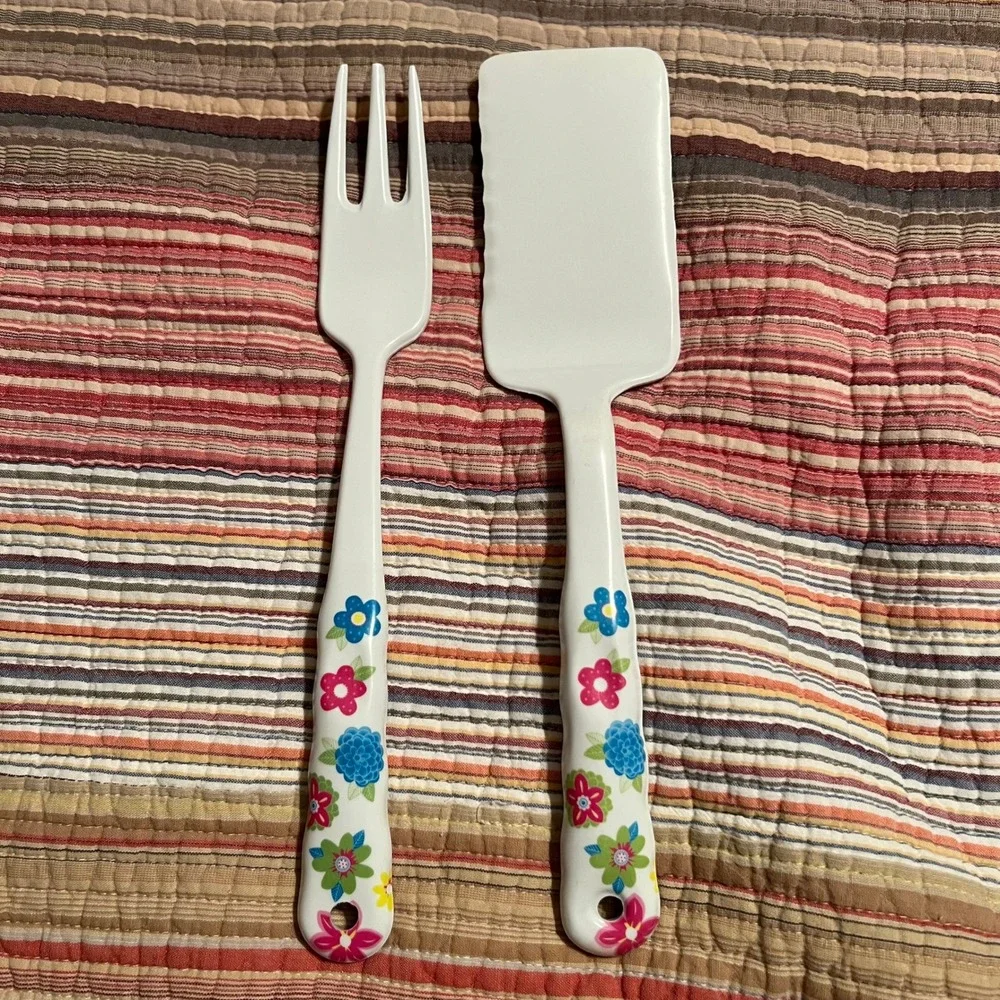 Floral Melamine‎ Kitchen Utensil Set of 2 Spatula and Fork White Colorful